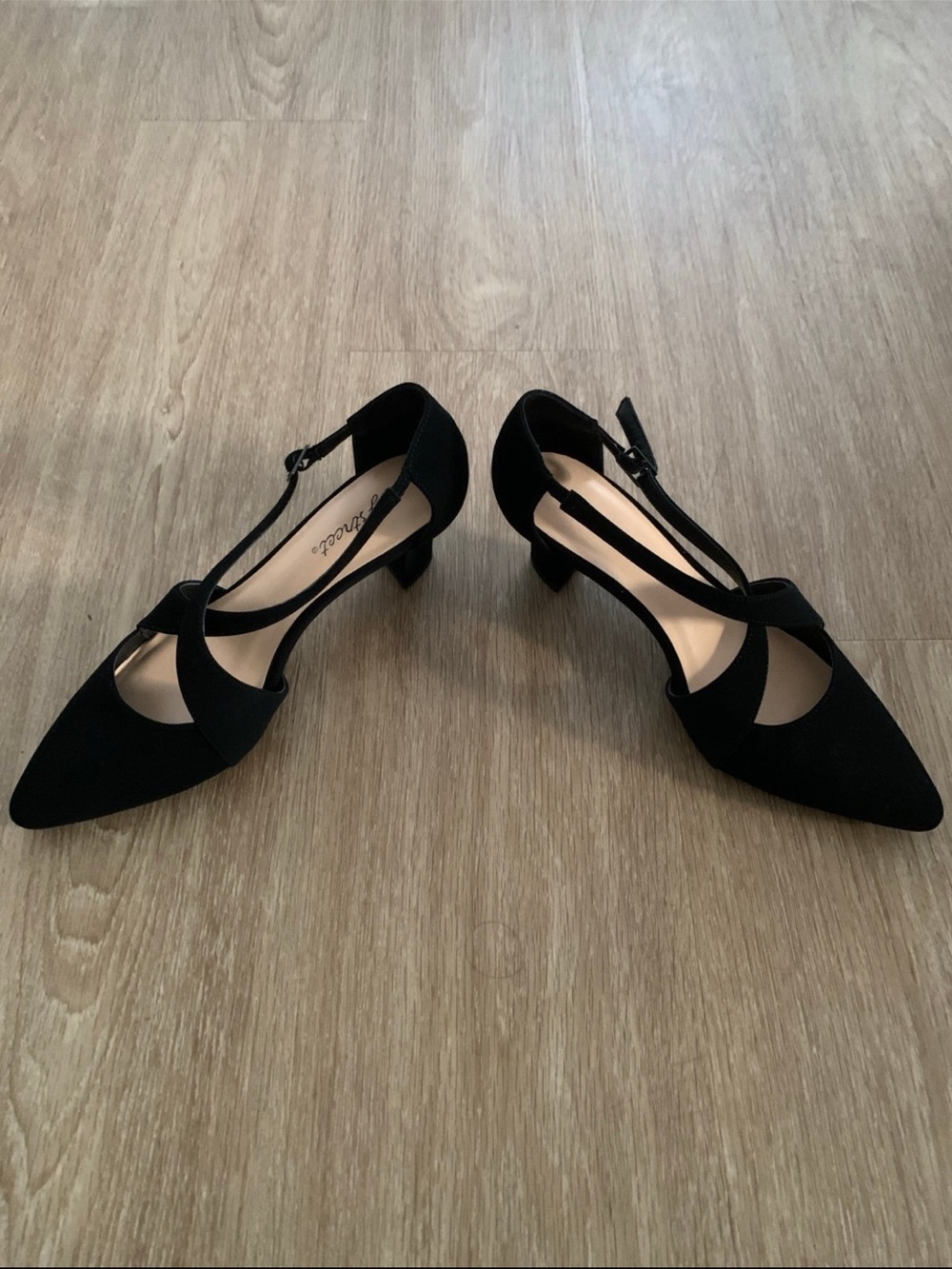 easy street Black Pointed T-Strap Low Block Heels